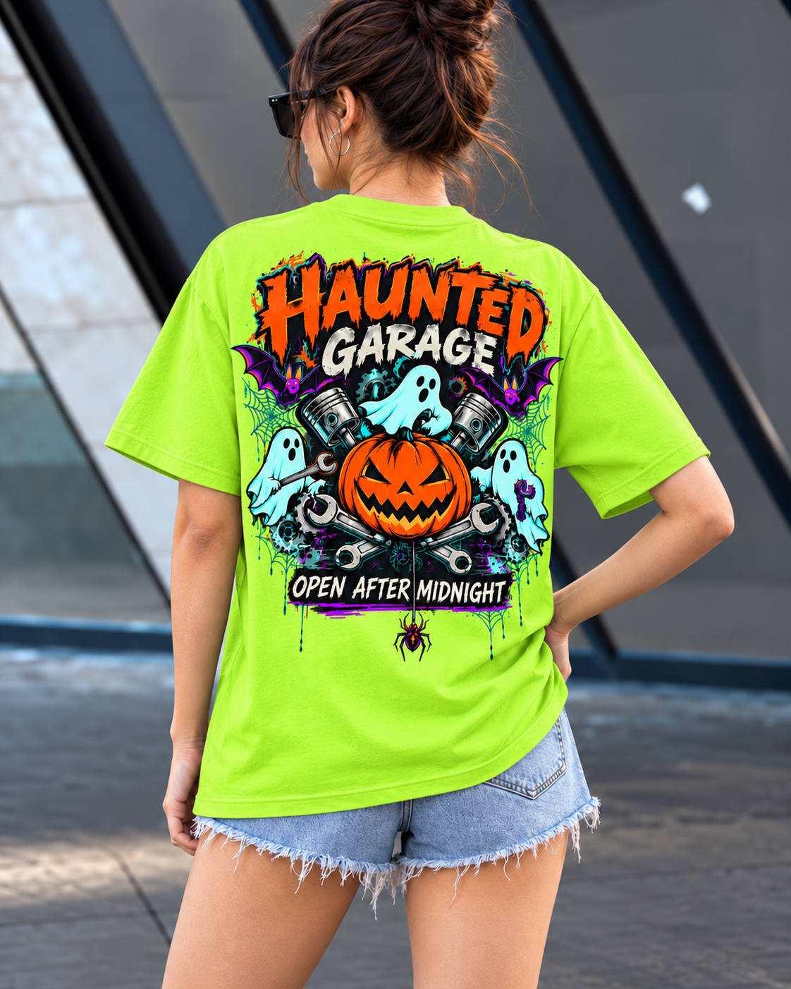 Haunted Garage Halloween Unisex T-Shirt – Mechanic Ghost & Pumpkin Tee