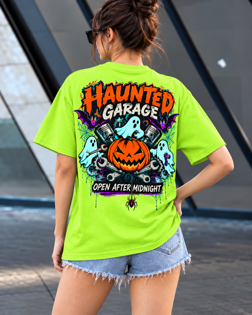 Haunted Garage Halloween Unisex T-Shirt – Mechanic Ghost & Pumpkin Tee