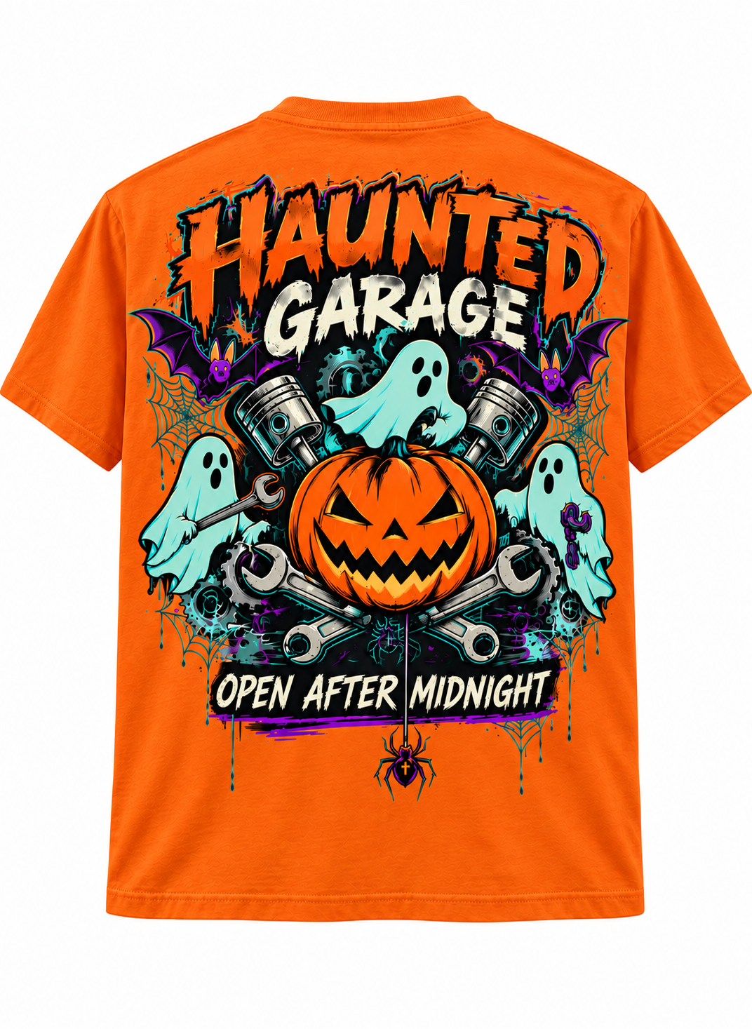 Haunted Garage Halloween Unisex T-Shirt – Mechanic Ghost & Pumpkin Tee