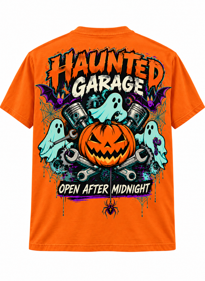 Haunted Garage Halloween Unisex T-Shirt – Mechanic Ghost & Pumpkin Tee