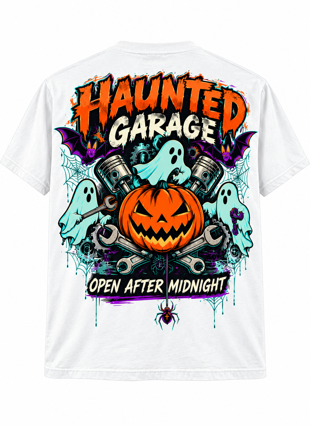 Haunted Garage Halloween Unisex T-Shirt – Mechanic Ghost & Pumpkin Tee