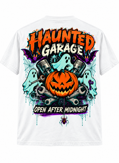 Haunted Garage Halloween Unisex T-Shirt – Mechanic Ghost & Pumpkin Tee