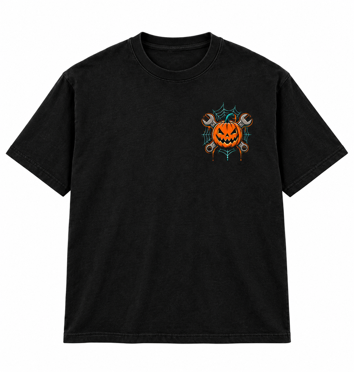 Haunted Garage Halloween Unisex T-Shirt – Mechanic Ghost & Pumpkin Tee