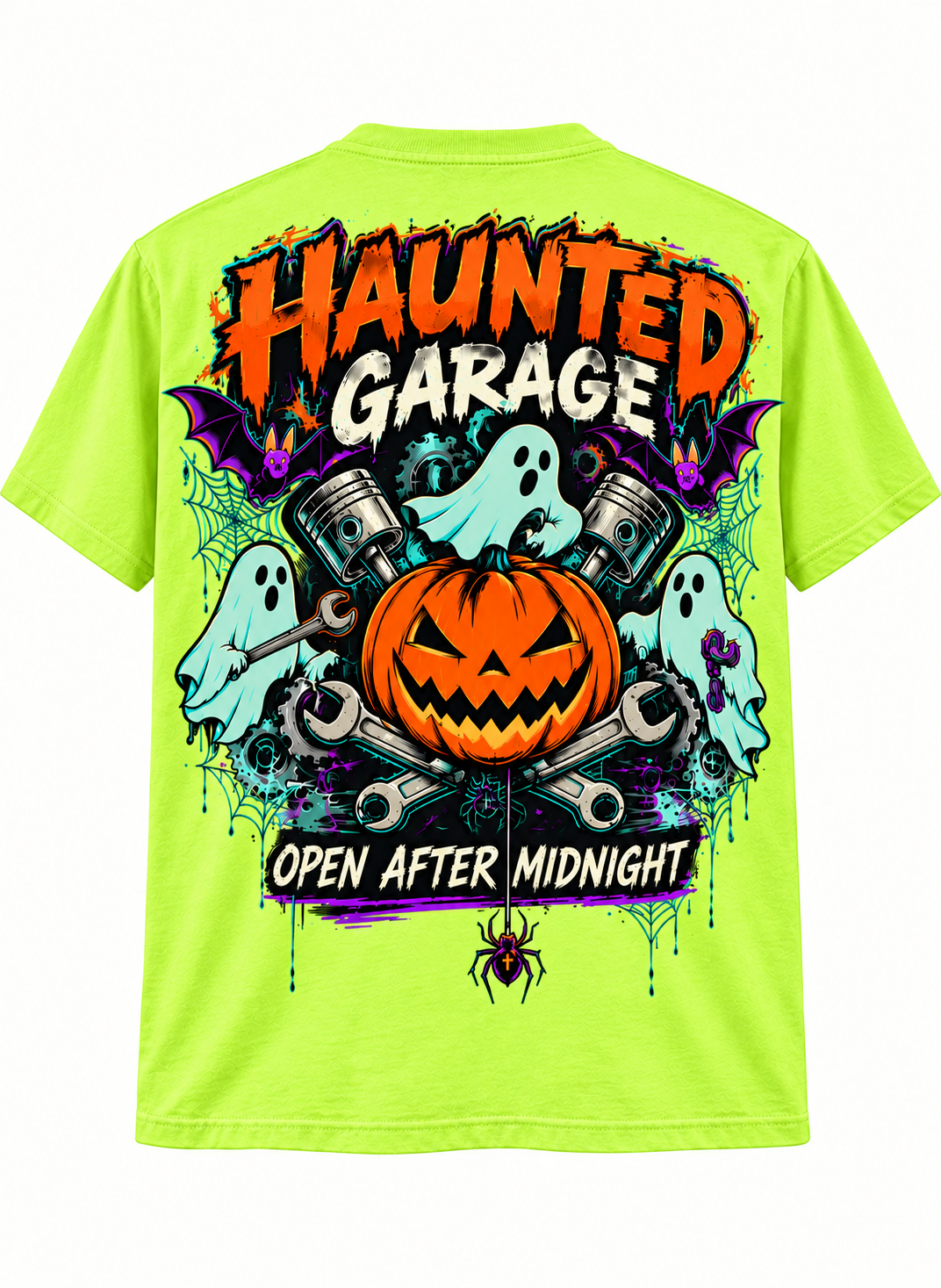 Haunted Garage Halloween Unisex T-Shirt – Mechanic Ghost & Pumpkin Tee