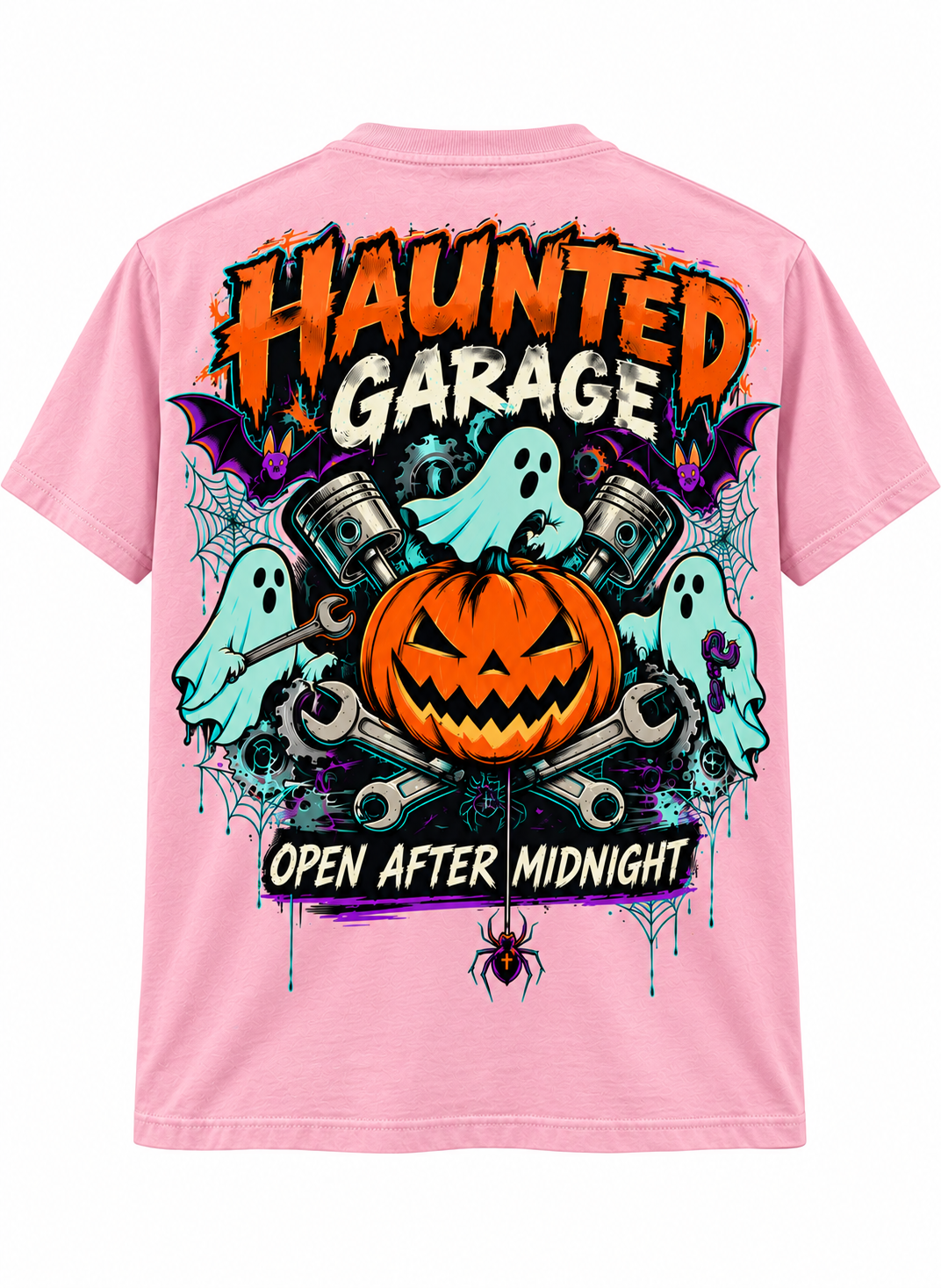 Haunted Garage Halloween Unisex T-Shirt – Mechanic Ghost & Pumpkin Tee