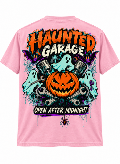 Haunted Garage Halloween Unisex T-Shirt – Mechanic Ghost & Pumpkin Tee