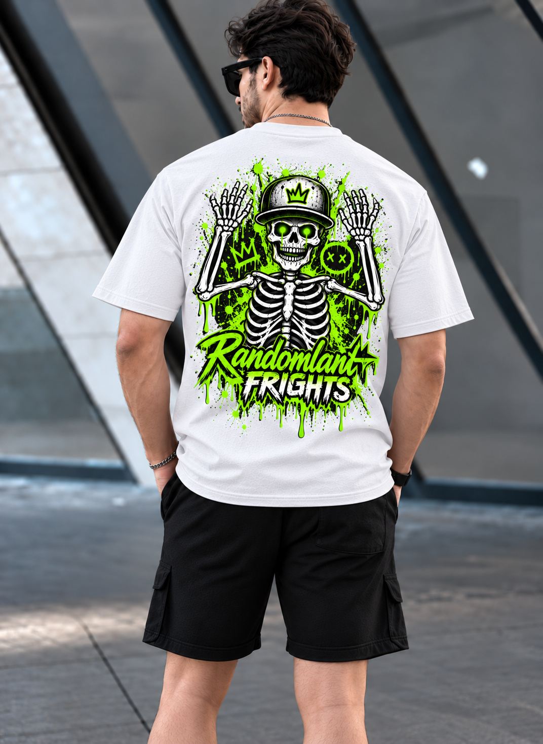 Randomland Frights Skeleton Graffiti Tee – Neon Green Halloween Streetwear Shirt