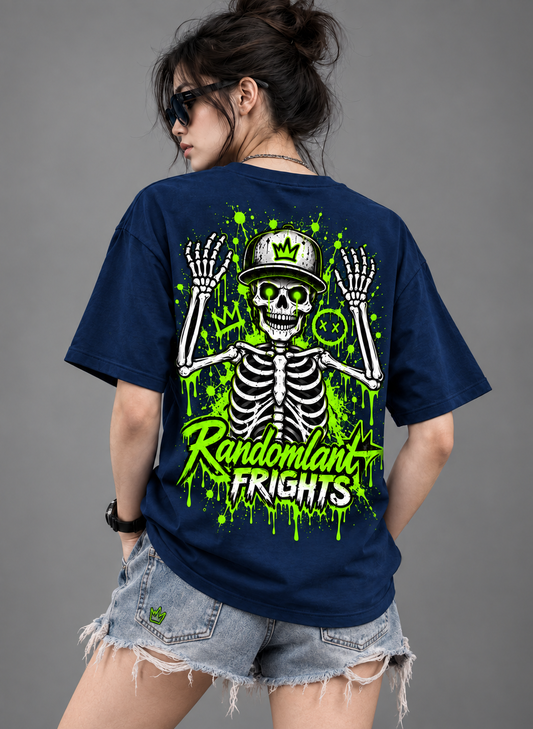 Randomland Frights Skeleton Graffiti Tee – Neon Green Halloween Streetwear Shirt