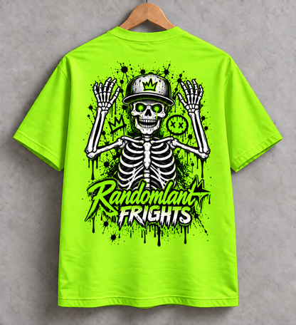 Randomland Frights Skeleton Graffiti Tee – Neon Green Halloween Streetwear Shirt