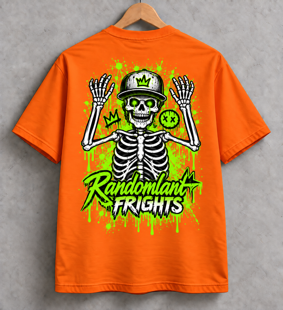 Randomland Frights Skeleton Graffiti Tee – Neon Green Halloween Streetwear Shirt