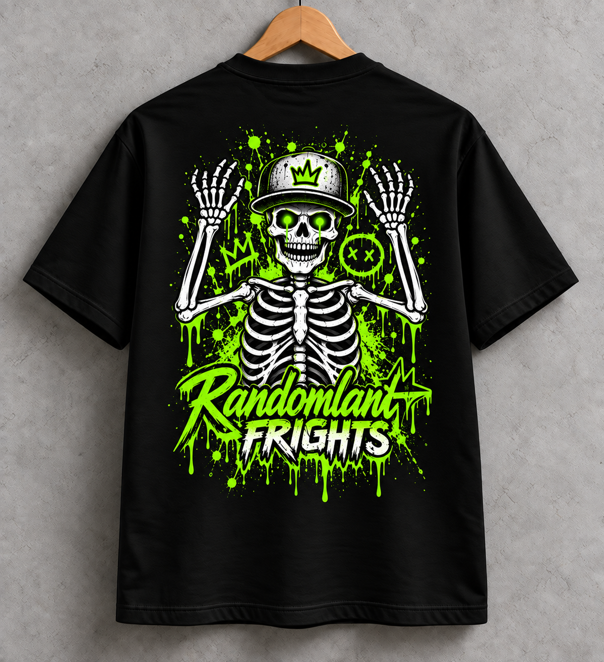 Randomland Frights Skeleton Graffiti Tee – Neon Green Halloween Streetwear Shirt