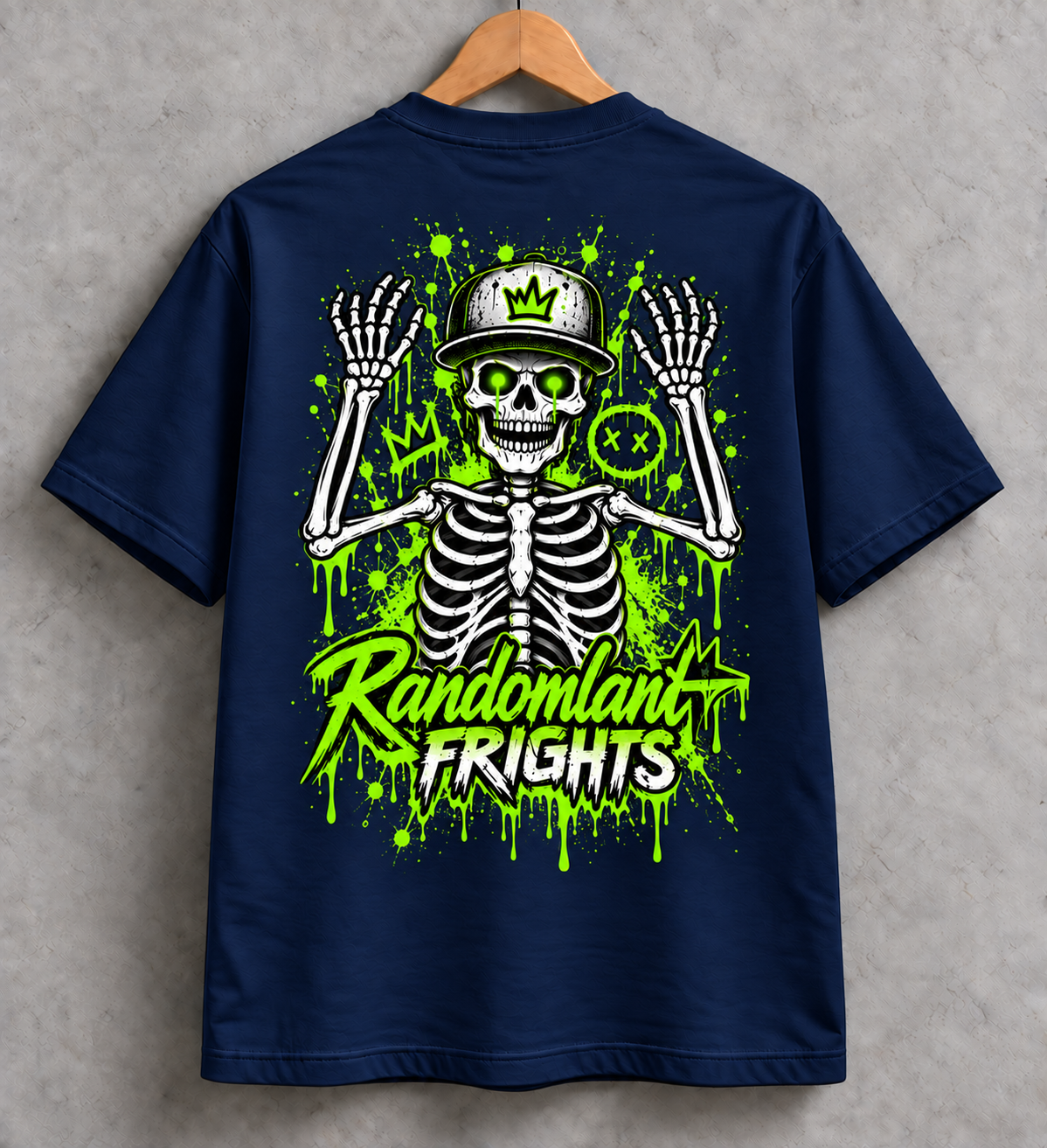 Randomland Frights Skeleton Graffiti Tee – Neon Green Halloween Streetwear Shirt